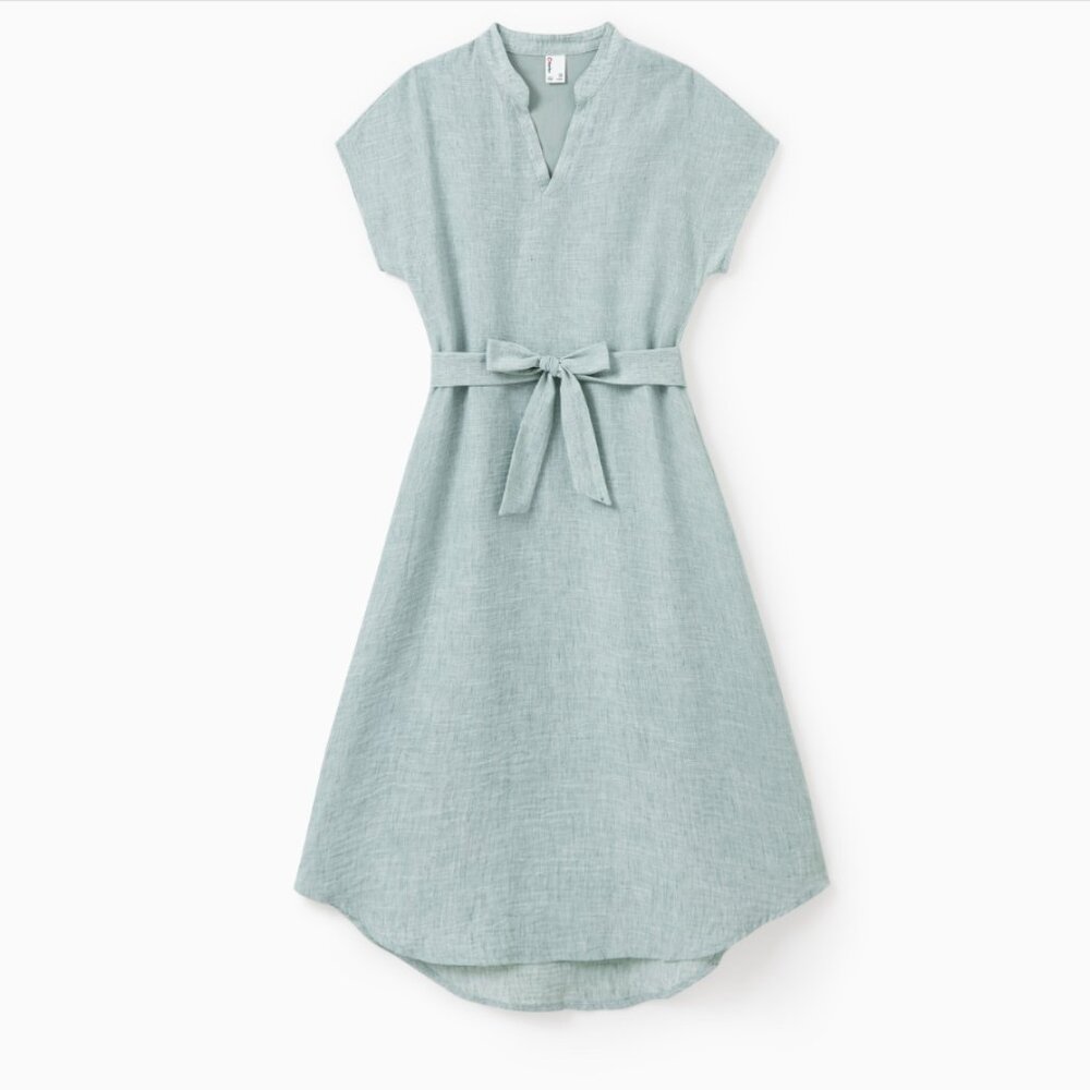 Mint Green Linen Belted V Neck Short Sleeve Women Dress Summer S, M, L, XL